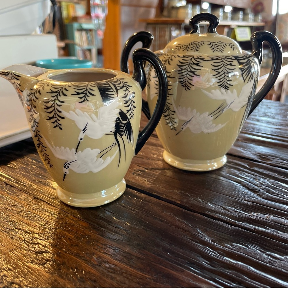 VTG Hand Painted Lusterware Japanese Crane Birds Porcelain Cream & Sugar Set